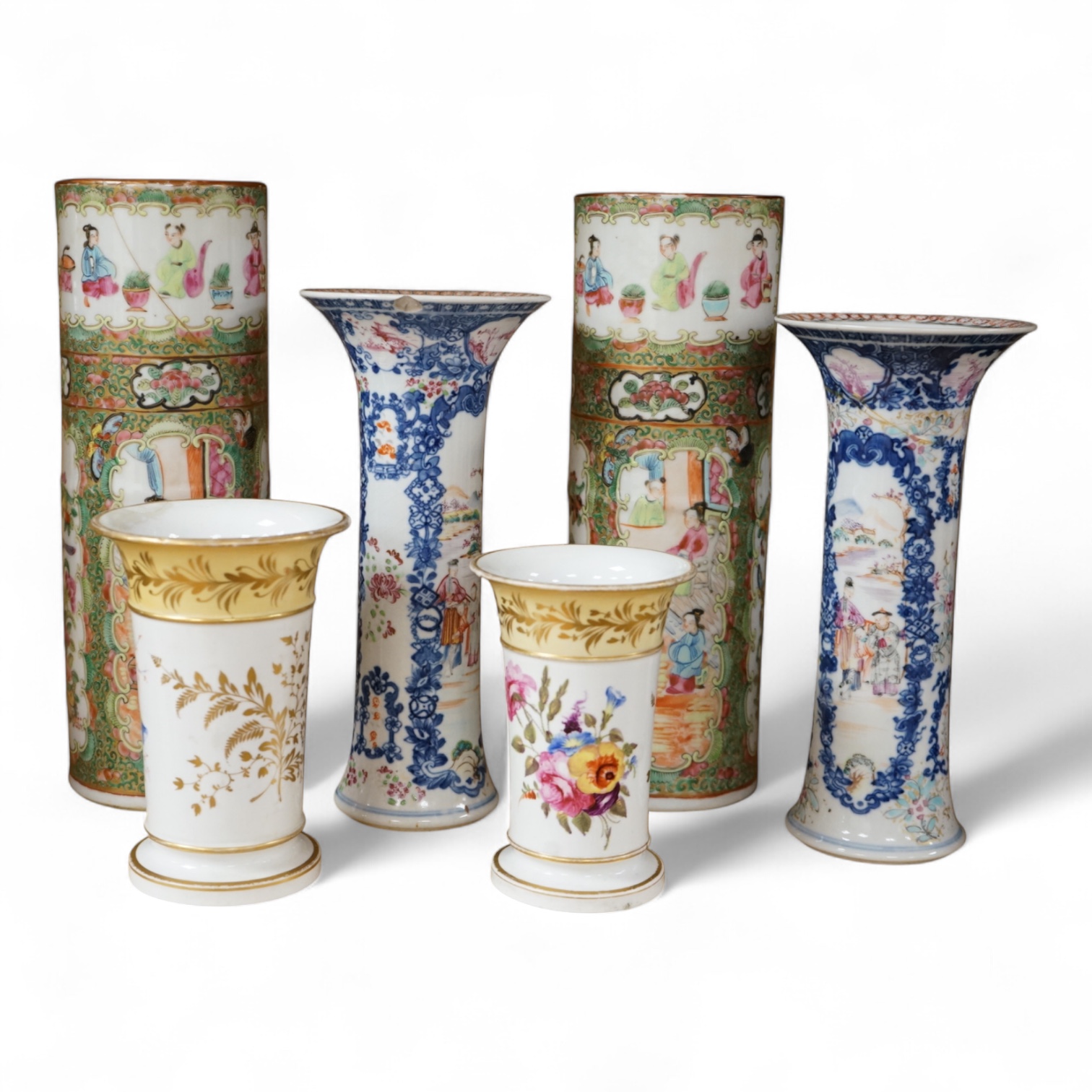 A pair of 18th century Chinese famille rose sleeve vases, a pair of 19th century Canton pattern vases and two English spill vases (6), tallest 25cm